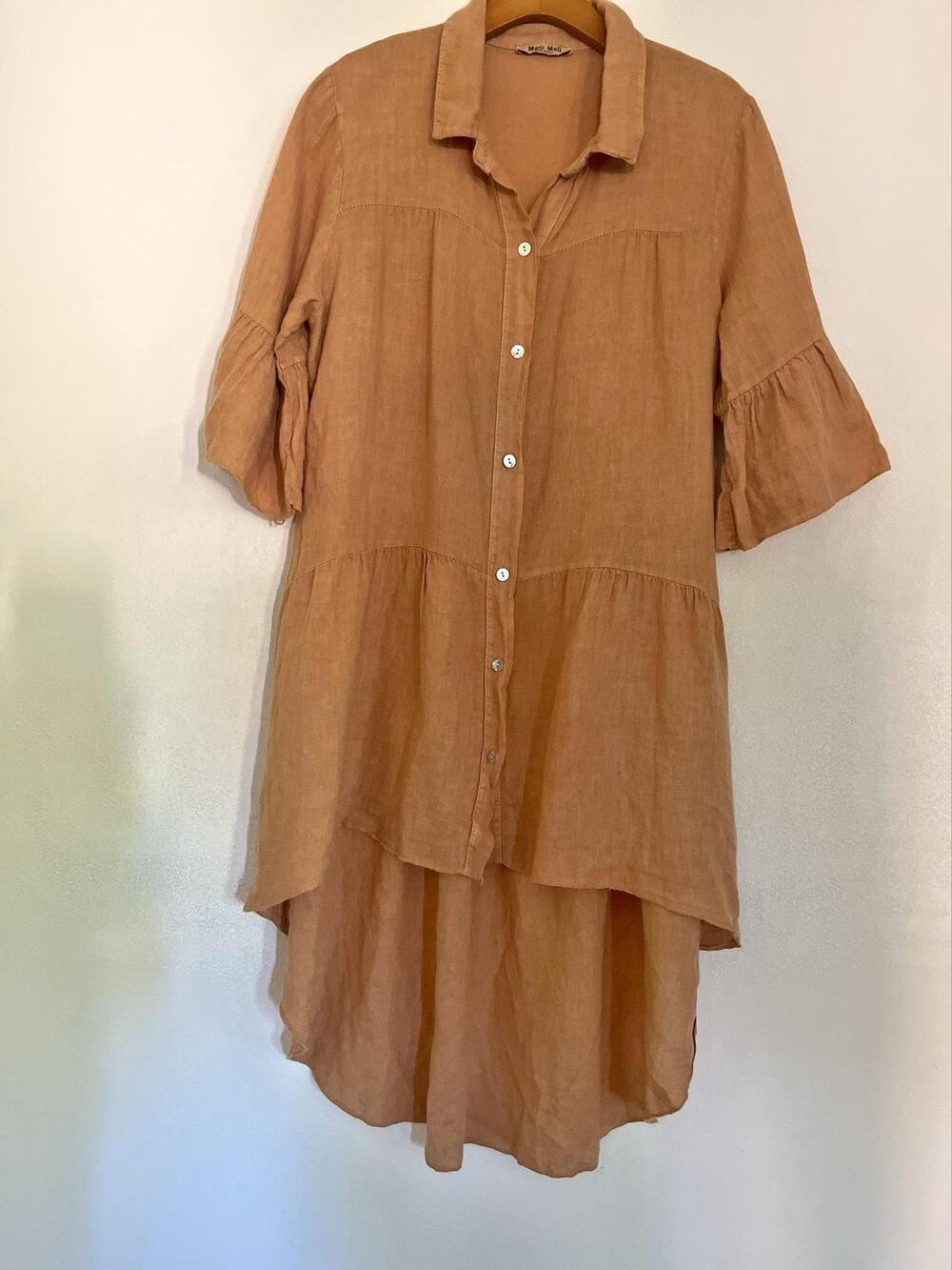 Meo Meli Dress Womens One Size Brown Linen Shirt Hi Low Ruffle Hem Made In Italy